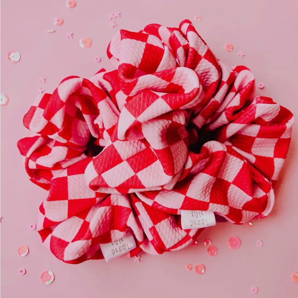 Oversized Valentines Day Pink and Red Modern Checkered Scrunchie